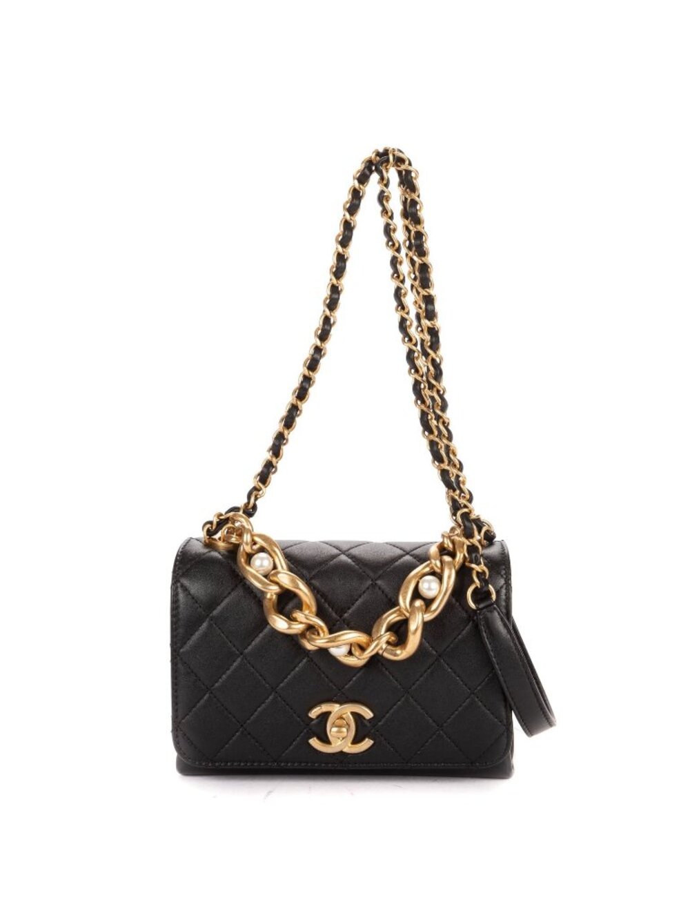 Chanel Mini Pearl Boy Chain Flap Bag Black Quilted Lambskin Leather